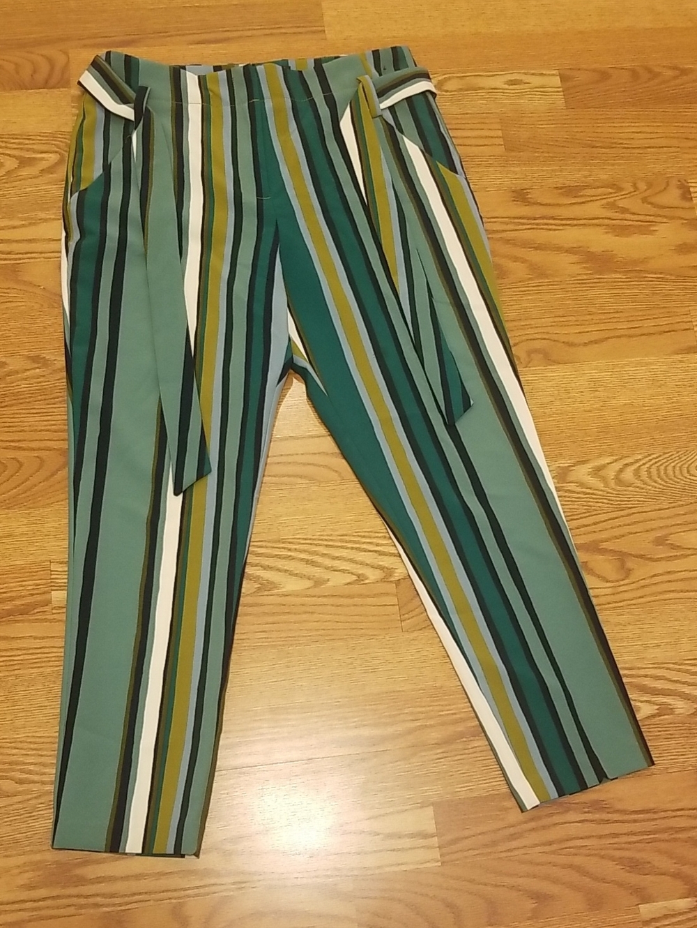 Striped Tie-Waist Women's Pants - Green Multi
